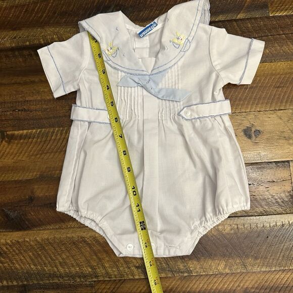 Vintage 1980s 6m Nanette Baby Boy One Piece Romper Rabbit Sailbot Embroidery - Picture 4 of 8